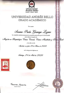 Magíster en Fisiopatología Cráneo Cervical, Cráneo Mandibular y Dolor Facial en Universidad Andrés Bello Chile